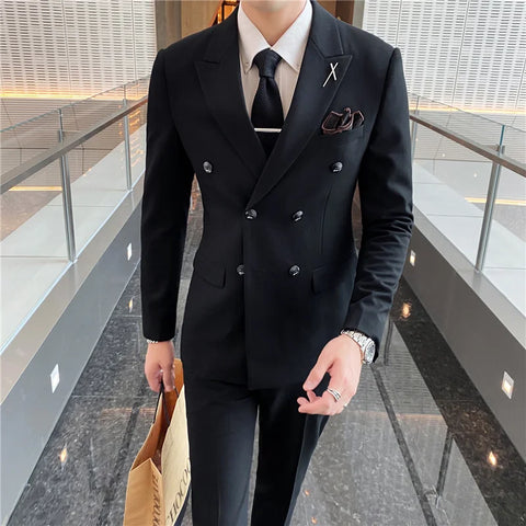 Casual Tuxedos For Wedding Mens Business Suit Men's 3 pieces (Blazer+Pant+ Vest) Slim Groom Trendy British Double-breasted Suits