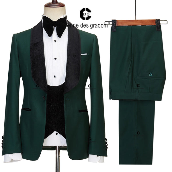 Cenne Des Graoom     Wedding Suits for Men Shiny Velvet Lapel Black and Green Jacket Vest Pants 3 Pcs Party Groom