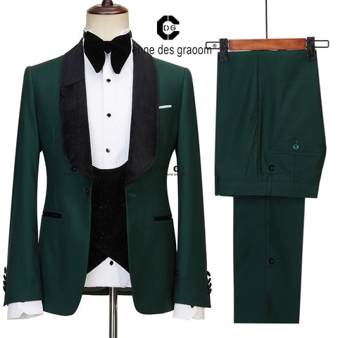 Cenne Des Graoom     Wedding Suits for Men Shiny Velvet Lapel Black and Green Jacket Vest Pants 3 Pcs Party Groom
