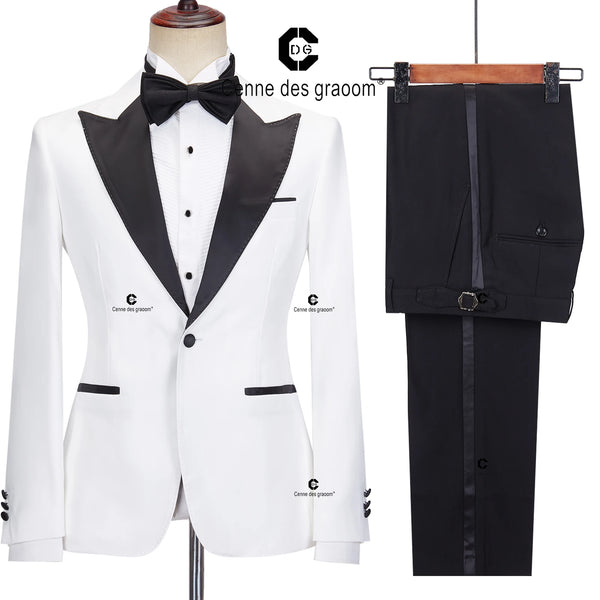 Cenne Des Graoom  Tuxedo Suits for Men Peak Lapel Slim Fit Black and White Solid One Button Elegant Wedding Party Evening