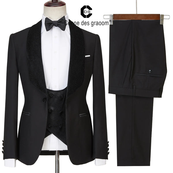 Cenne Des Graoom  Men Suits Black Velvet Lapel Prom Tuxedo 3 Pieces Set Single Breasted For Wedding Banquet Dinner Party Male