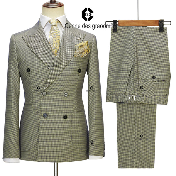 Cenne Des Graoom  Vintage Suits for Men Houndstooth Pattern Double Breasted 6 Button Jacket and Trousers 2 Pcs Set Classic