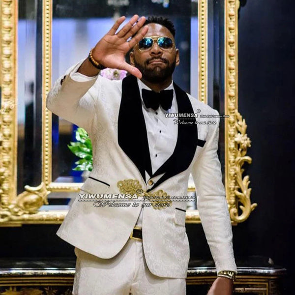 Classic Ivory Jacquard Men Wedding Tuxedo Slim Fit Groom Floral Formal Man Suits Business Blazer Terno Masculino Costume Homme