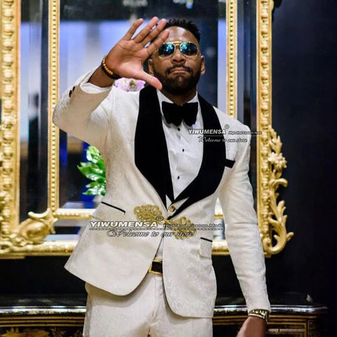 Classic Ivory Jacquard Men Wedding Tuxedo Slim Fit Groom Floral Formal Man Suits Business Blazer Terno Masculino Costume Homme