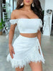 DEAT   Summer White Lace Hollow Out Bandage Bodycon Slash Neck Short Top Mini Skirt Two Piece Set Women Outfits MI629