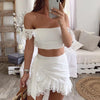 DEAT   Summer White Lace Hollow Out Bandage Bodycon Slash Neck Short Top Mini Skirt Two Piece Set Women Outfits MI629