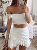 DEAT   Summer White Lace Hollow Out Bandage Bodycon Slash Neck Short Top Mini Skirt Two Piece Set Women Outfits MI629