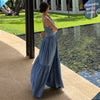 Elegant Blue Two Piece Set  Summer Femme French Style V-neck Slim Fit Short Suspended Tank Top High Waist Large Swing Skirt