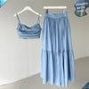 Elegant Blue Two Piece Set  Summer Femme French Style V-neck Slim Fit Short Suspended Tank Top High Waist Large Swing Skirt