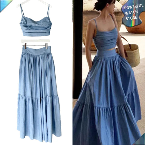 Elegant Blue Two Piece Set  Summer Femme French Style V-neck Slim Fit Short Suspended Tank Top High Waist Large Swing Skirt