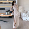 Elegant Party Black Satin Midi Dresses for Women 2024 Summer New Sexy Bodycon Sleeveless Split Strap Female Clothing