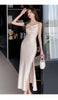 Elegant Party Black Satin Midi Dresses for Women 2024 Summer New Sexy Bodycon Sleeveless Split Strap Female Clothing