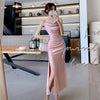 Elegant Party Black Satin Midi Dresses for Women 2024 Summer New Sexy Bodycon Sleeveless Split Strap Female Clothing