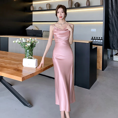 Elegant Party Black Satin Midi Dresses for Women 2024 Summer New Sexy Bodycon Sleeveless Split Strap Female Clothing