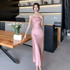 Elegant Party Black Satin Midi Dresses for Women 2024 Summer New Sexy Bodycon Sleeveless Split Strap Female Clothing