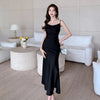 Elegant Party Black Satin Midi Dresses for Women 2024 Summer New Sexy Bodycon Sleeveless Split Strap Female Clothing