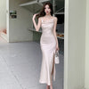 Elegant Party Black Satin Midi Dresses for Women 2024 Summer New Sexy Bodycon Sleeveless Split Strap Female Clothing