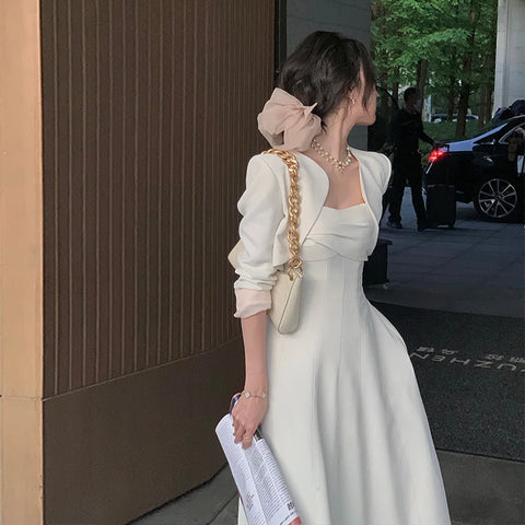 Elegant White Casual Midi Dress Women Summer Spaghetti Strap Vintage A-Line Party Vestidos Femme Prom Robe Clothes New