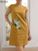 Elegant Women Work Sundress ZANZEA Vintage Summer O Neck Short Sleeve Dress Casual Party Flroal EmbroideryKnee-length Vestido