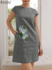 Elegant Women Work Sundress ZANZEA Vintage Summer O Neck Short Sleeve Dress Casual Party Flroal EmbroideryKnee-length Vestido