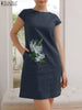 Elegant Women Work Sundress ZANZEA Vintage Summer O Neck Short Sleeve Dress Casual Party Flroal EmbroideryKnee-length Vestido