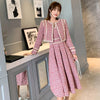 Fall Winter   Tweed Women's Long Sleeve Plaid Jacket Coat + Sleeveless Vest Dress Elegant Two Piece Set Suit