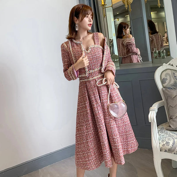 Fall Winter   Tweed Women's Long Sleeve Plaid Jacket Coat + Sleeveless Vest Dress Elegant Two Piece Set Suit