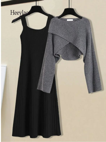 Fall Winter Knitted Two Pieces Sets Womens Outfits Korean Casual Irregular Long Sleeve Short Sweaters And Knitting Dresses Sets