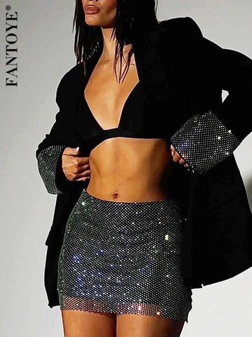 Fantoye Glitter Diamond Shiny Women Blazer Set Double Layer Blazer Fishnet Skirt Female Two Piece Set  Club Night Outfits