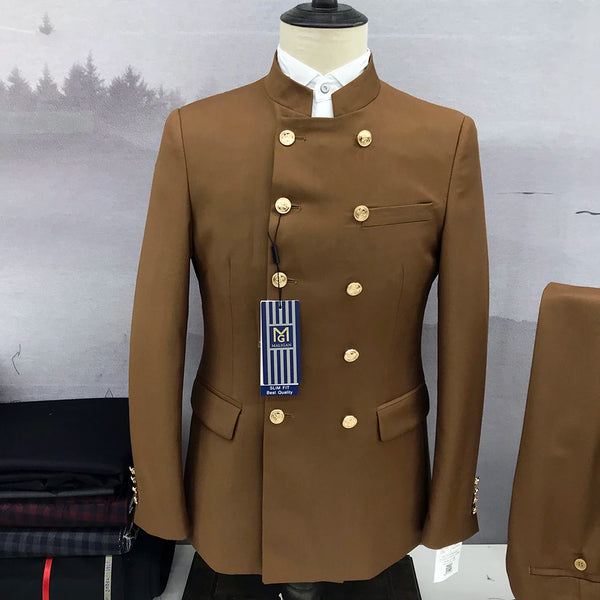 Blazer Men Suit Khaki Double Breasted Stand Lapel Jacket Pants Spring Tradition Style Slim Fit Regular Trajes De Hombre