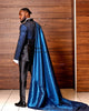 Blue Jacquard Mens Wedding Suit Slim Groom Tuxedos With Cape Shiny 2 Pieces Sets Male Prom Party Blazers Costume Homme