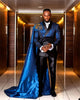 Blue Jacquard Mens Wedding Suit Slim Groom Tuxedos With Cape Shiny 2 Pieces Sets Male Prom Party Blazers Costume Homme