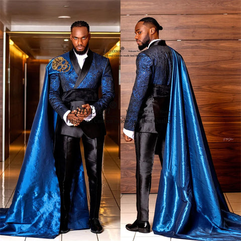 Blue Jacquard Mens Wedding Suit Slim Groom Tuxedos With Cape Shiny 2 Pieces Sets Male Prom Party Blazers Costume Homme