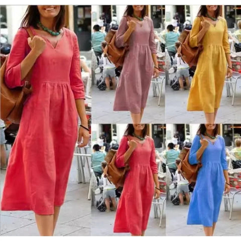 New Large Size Loose Dress V-neck Mid-waist Dress Casual Seven-point Sleeve Solid Color Dress Woman