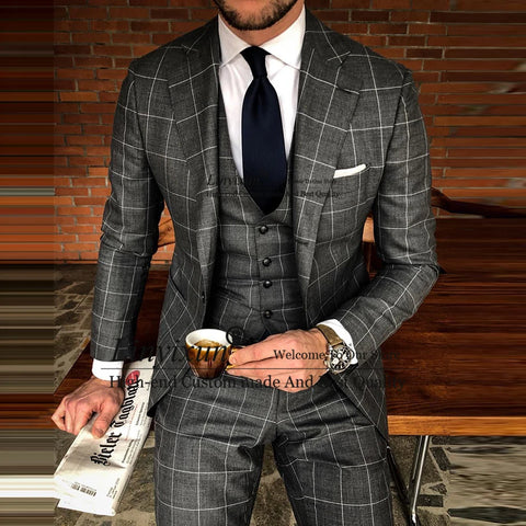 Plaid Mens Suits Slim Fit Formal Business Male Blazer 3 Piece Jacket Vest Pants Set Wedding Groom Tuxedo Costume Homme
