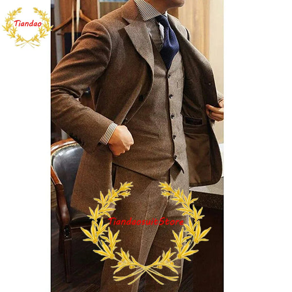 Formal Men's Suit Three Piece Business Herringbone Wool Blazer Pants Vest Wedding Tuxedo Male Jacket Set