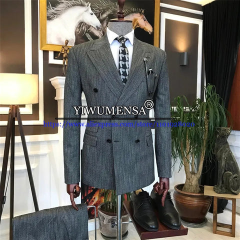 Formal Wedding Suits Grey Herringbone Tweed Blend Blazer Men Tuxedos Double Breasted Coat Pant Last Design Trajes De Hombre 2022