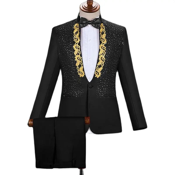 Gold Embroidery Suit Men Stand Collar Diamond Mens Blazer with Pants Wedding Groom Tuxedo Suits Stage Singer Party Costume Homme