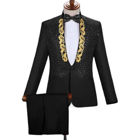 Gold Embroidery Suit Men Stand Collar Diamond Mens Blazer with Pants Wedding Groom Tuxedo Suits Stage Singer Party Costume Homme