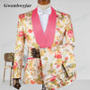 Gwenhwyfar Colorful Begonia Flower Printed Men Suits Pink Tuxedos Shawl Lapel Double Breasted Men Wedding Suits (Jacket+Pants)