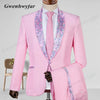 Gwenhwyfar Colorful Begonia Flower Printed Men Suits Pink Tuxedos Shawl Lapel Double Breasted Men Wedding Suits (Jacket+Pants)
