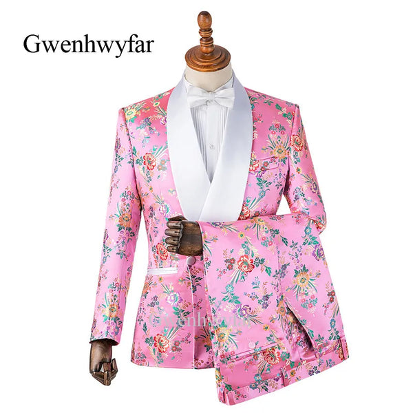 Gwenhwyfar Colorful Begonia Flower Printed Men Suits Pink Tuxedos Shawl Lapel Double Breasted Men Wedding Suits (Jacket+Pants)