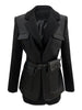 Autumn Black Wool Blends Patchwork Leather Jacket Women with Many Pockets Long Sleeve Korean Streetwear