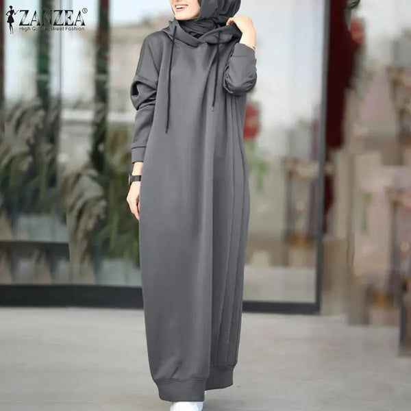 Women Winter Pullovers Stylish Hooded Hoodies Dress Casual Long Sleeve Maxi Vestidos Female Drawstring Robe Femme