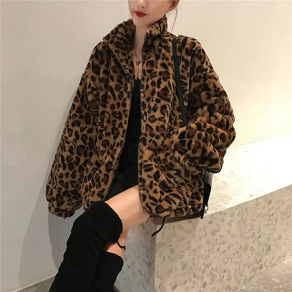 Winter Leopard Print Jacket Women's Stand Collar Warm Parkas Outwear Autumn Winter Korean Female Loose Faux Fur Coats