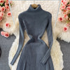 Women Pleated Knitted Dress Turtleneck Long Sleeve Elastic Slim Pencil Dress Autumn Winter Sexy Bodycon Sweater Dress