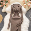 Women Korean Knitted Dress Long Sleeve V Neck Elastic Slim Pencil Dresses Autumn Sexy Bodycon Split Sweater Dress