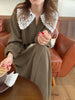 Women Autumn Beige Long Loose Lace Dress V Neck Straight Full Sleeve Pullover Maxi Dresses Female