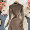 Women Pleated Knitted Dress Turtleneck Long Sleeve Elastic Slim Pencil Dress Autumn Winter Sexy Bodycon Sweater Dress