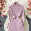 Women Pleated Knitted Dress Turtleneck Long Sleeve Elastic Slim Pencil Dress Autumn Winter Sexy Bodycon Sweater Dress